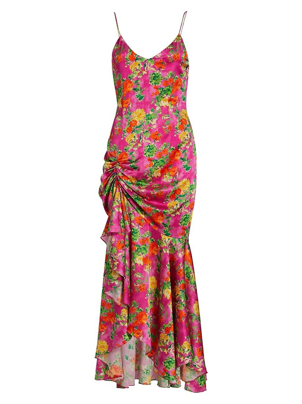 Caroline Constas Ruched Pink Summer Floral Holland Maxi Dress Size XS